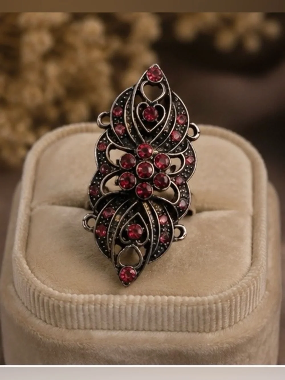 Jeweled Silver Tone Statement Ring | Pink Crystal Scrollwork | Adjustable